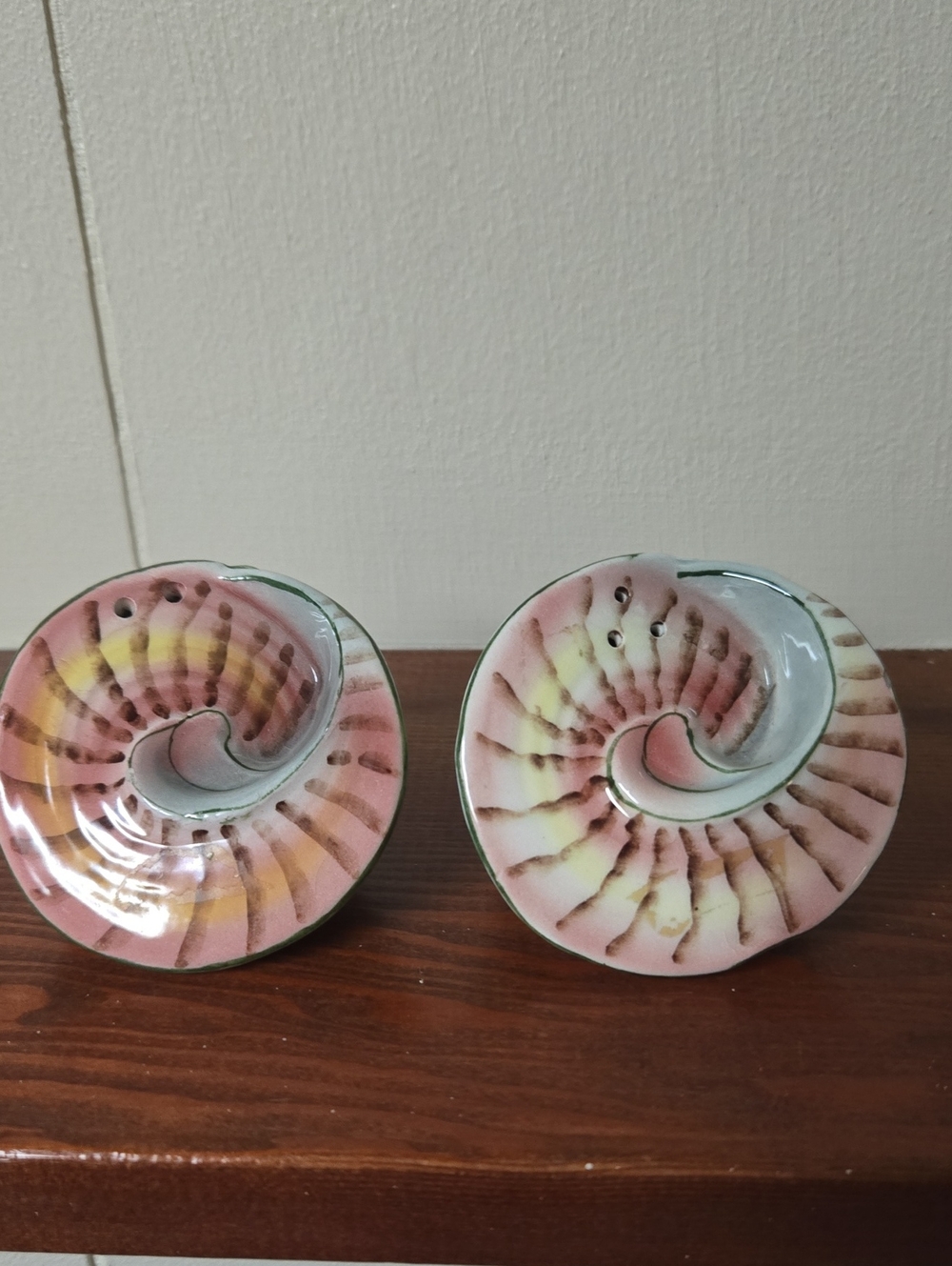 Ceramic Nautilus Spiral Salt and Pepper Shaker Set - Pink and Cream